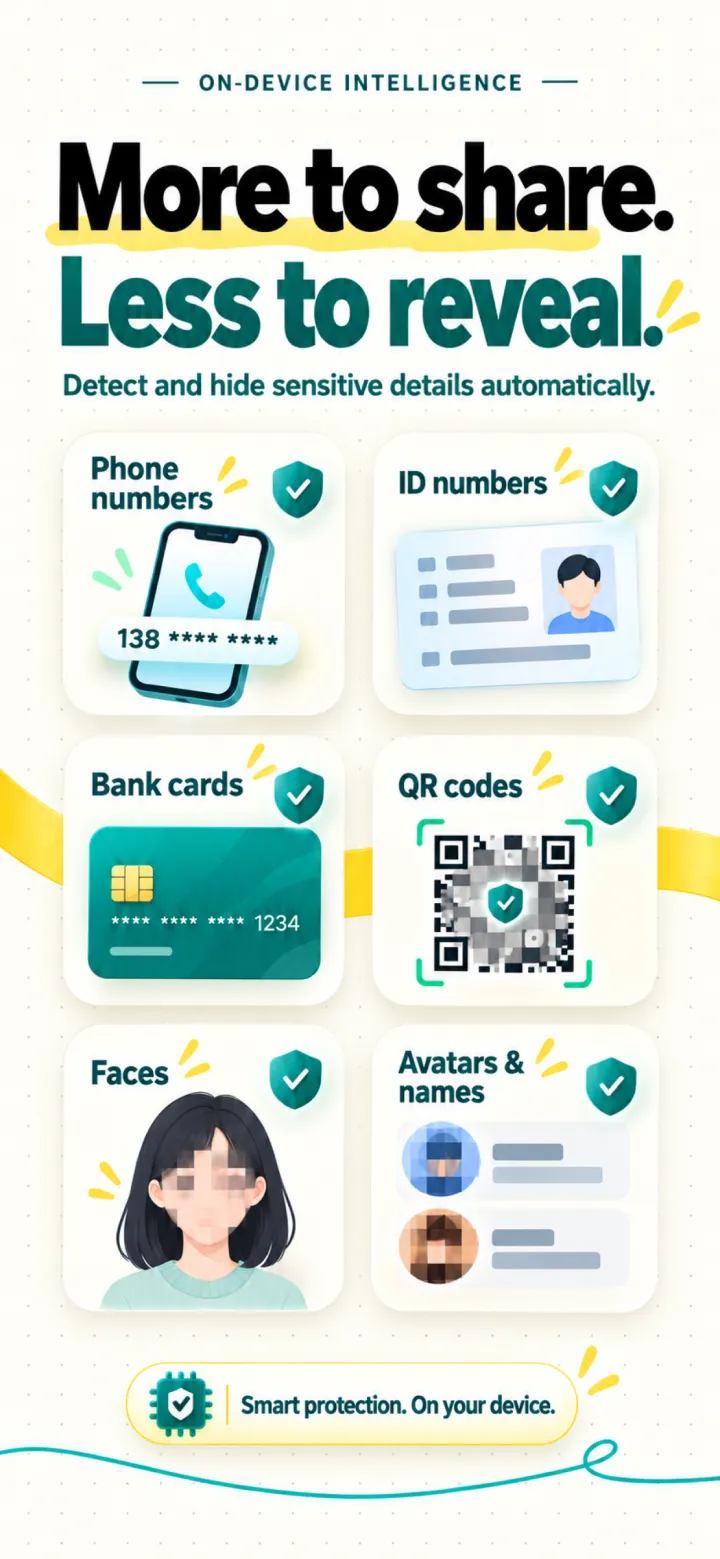 Private details detected: phone numbers, IDs, bank cards, QR codes, faces, avatars and names